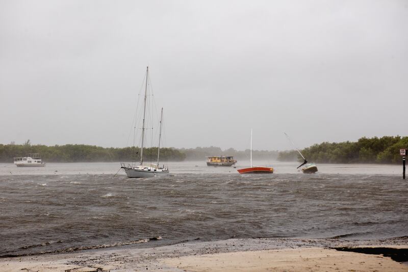Boats are rocked by waves in South Gandy Channel as high winds from Hurricane Ian blow through Tampa, Florida. Photograph: Johnny Milano/New York Times
