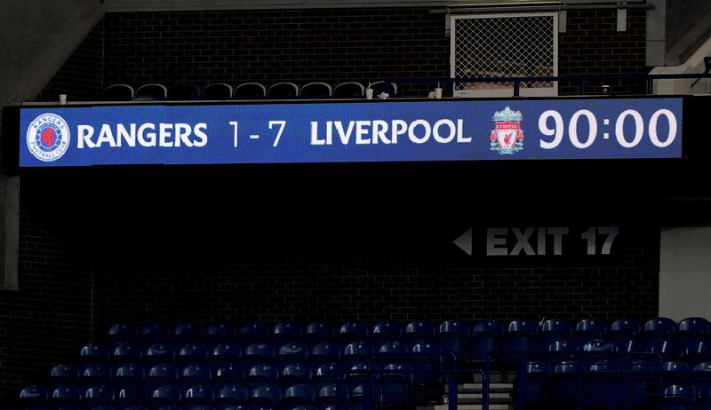 The score board shows the full time score after the UEFA Champions League Group A match at the Ibrox Stadium, Glasgow on October 12th. Photograph: Andrew Milligan/PA