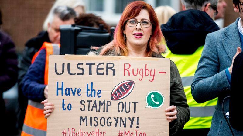 Belfast Feminist Network activists protesting outside Kingspan Stadium in Belfast in April, after two players were acquitted of rape. Photograph: Liam McBurney/PA Wire