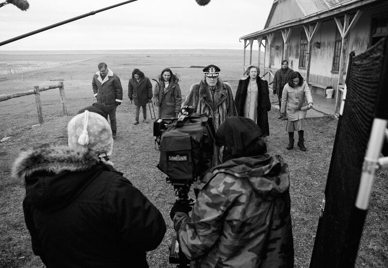 El Conde behind the scenes. Left to right: Marcial Tagle as Anibal, Catalina Guerrera as Luciana, Antonia Zegers as Jacinta, Jaime Vadell as El Conde, Stella Gonet as Mujer Inglesa, Diego Muñoz as Manuel, Amparo Noguera as Mercedes in El Conde. Photograph: Diego Araya Corvalán/Netflix