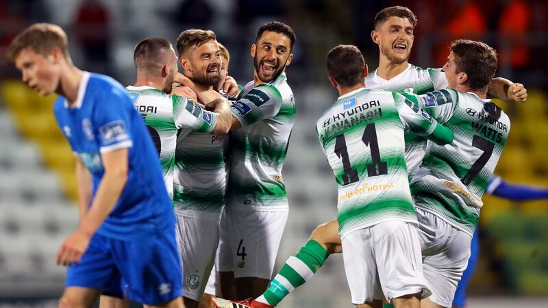 Greg Bolger of Shamrock Rovers celebrates scoring a goal with team-mates during the SSE Airtricity League Premier Division match against Limerick at  Tallaght Stadium. Photograph: Tommy Dickson/Inpho