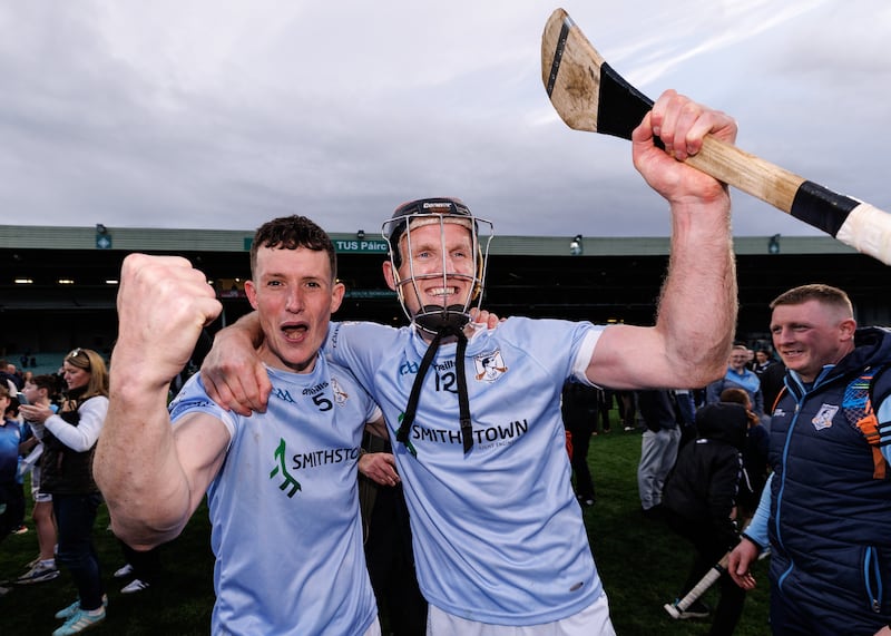 Mike Foley celebrates with Daithí Dempsey after Na Piarsaigh's defeat of Doon in the Limerick Senior Hurling Championship final at TUS Gaelic Grounds, Limerick, on October 19th. Photograph: Ben Brady/Inpho