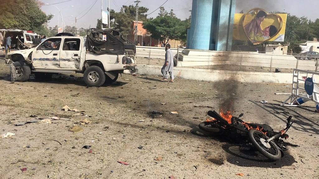 Security officials inspect the scene of a suicide bomb blast near the inspector general of police’s office in Quetta, Pakistan. Photograph: Fayyaz Ahmad/EPA