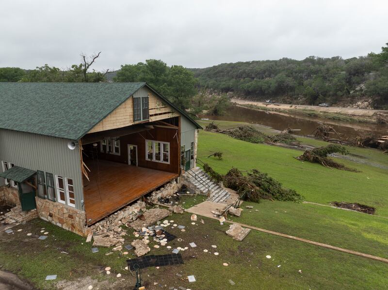 A damaged hall at Camp Mystic on the Guadalupe river, in Hunt, Texas, on Saturday. Photograph: Carter Johnston/The New York Times
                      