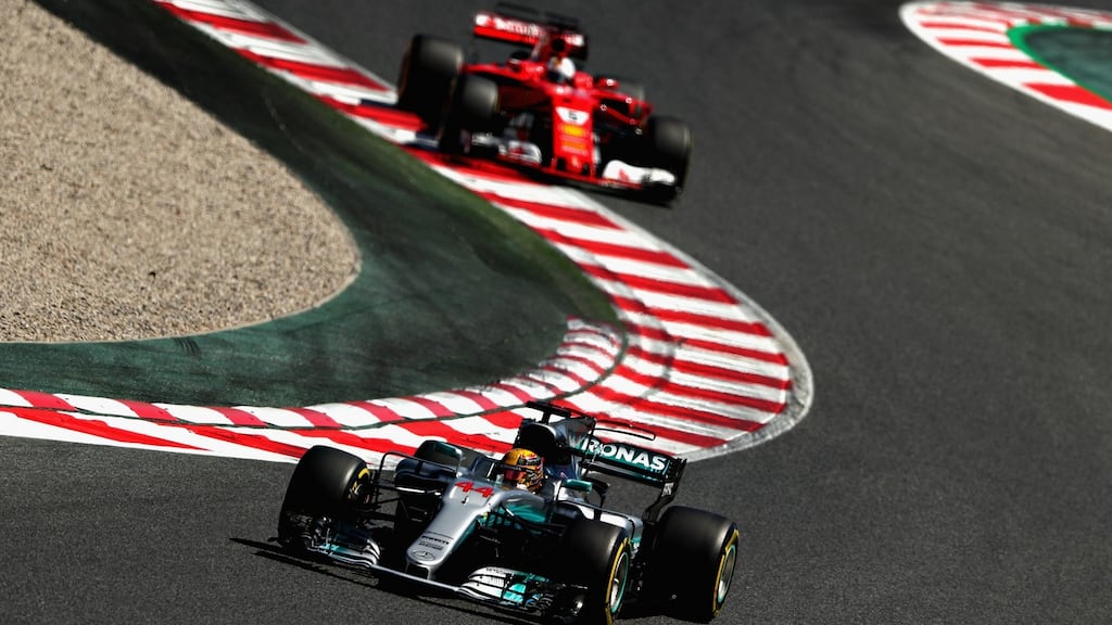 Lewis Hamilton leads Sebastian Vettel during qualifying for the Spanish Formula One Grand Prix at Circuit de Catalunya in Montmelo, Spain. Photograph: Dan Istitene/Getty Images