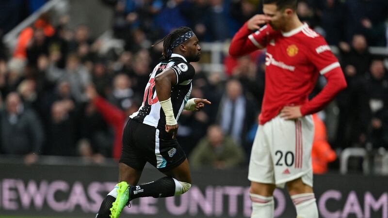 Newcastle’s Allan Saint-Maximin celebrates after scoring against Manchester United at St James’ Park. Photograph: Getty Images