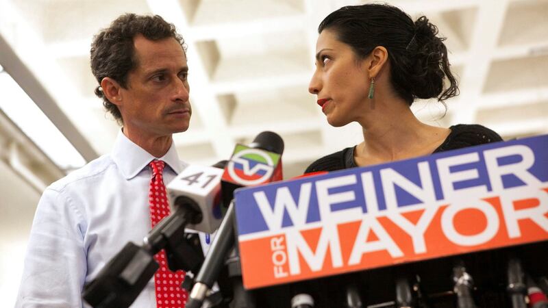 Former mayoral candidate for New York Anthony Weiner and his estranged wife Huma Abedin at news conference in New York in 2013. File photograph: Eric Thayer/Reuters