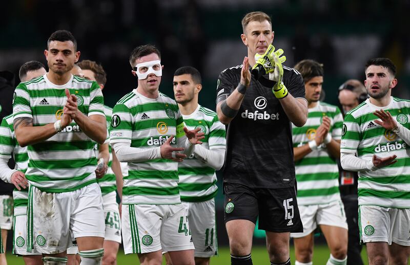 The Celtic team after a Europa Conference League knockout play-off match against Bodoe/Glimt at Celtic Park, Glasgow, on February 17th. Photograph: Mark Runnacles/Getty Images