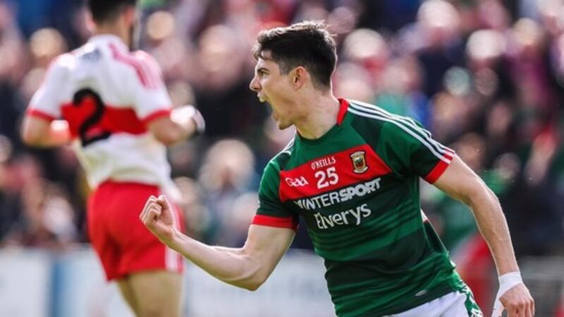 Conor Loftus celebrates his brilliant goal against Derry. Photograph: Tommy Dickson/Inpho