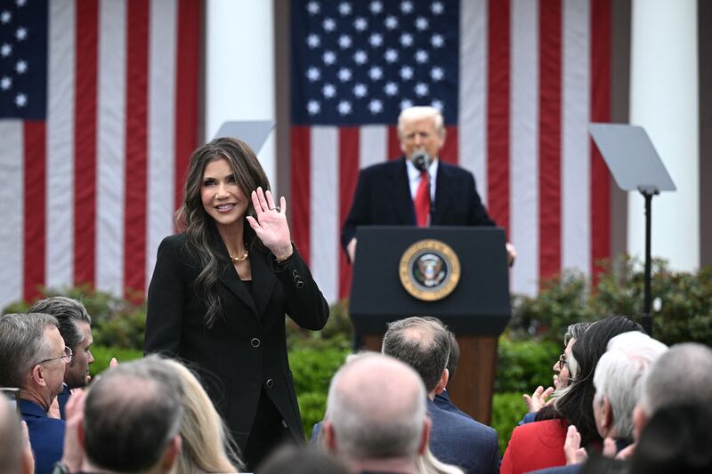 US Secretary of Homeland Security Kristi Noem waves after being acknowledged by US President Donald Trump as he delivers remarks on reciprocal tariffs Photograph: Getty Images
