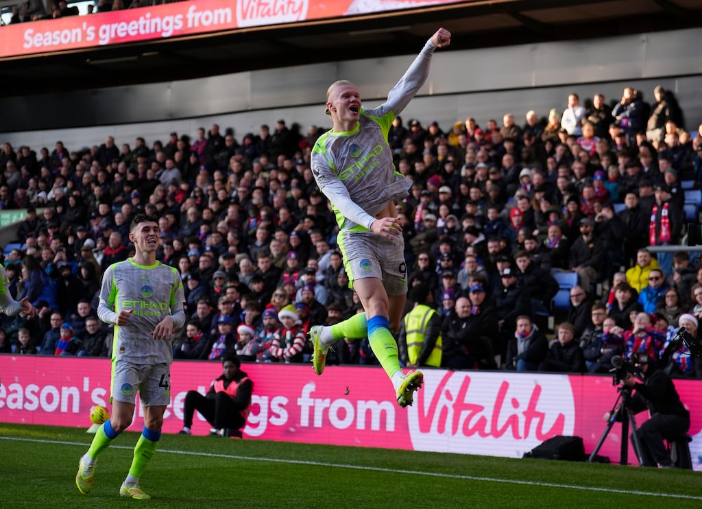 Erling Haaland celebrates scoring Manchester City's first goal during the Premier League game against Crystal Palace at Selhurst Park. Photograph: Jordan Pettitt/PA Wire