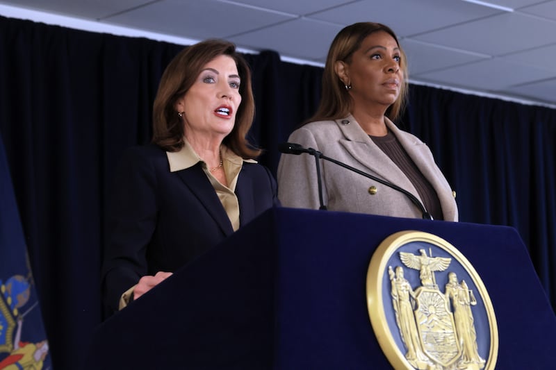 New York governor Kathy Hochul and New York attorney general Letitia James at a news conference in Manhattan on Friday. Photograph: Spencer Platt/Getty Images