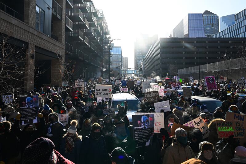 Demonstrators take part in a march during the 'ICE Out' day of protest in Minneapolis, Minnesota. Photograph: Brandon Bell/Getty