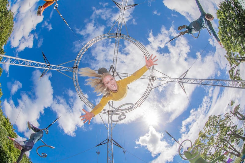 Jennifer de Brún, one of the Aerial dancers of Fidget Feet's, Handful of Dreams performking at the 2021 Carlow Arts Festival 2021. Photograph: Allen Kiely