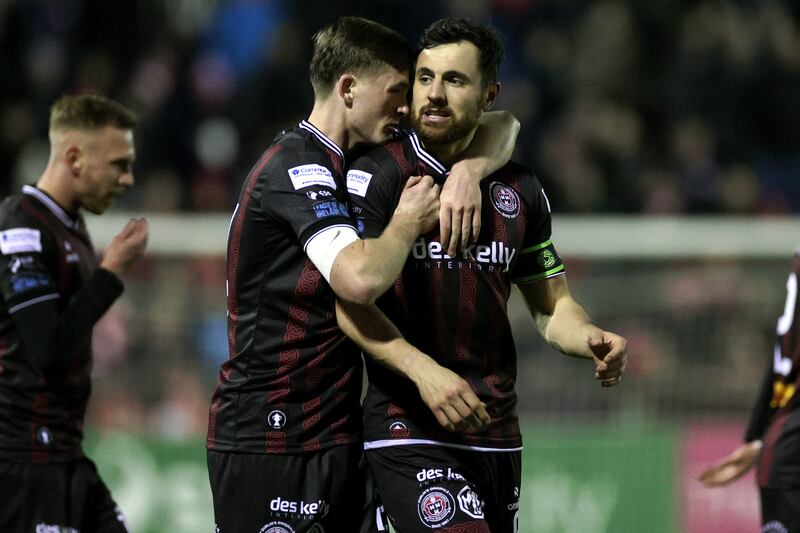 Bohemians' Jordan Flores celebrates scoring a penalty with Cian Byrne. Photograph: Laszlo Geczo/Inpho 