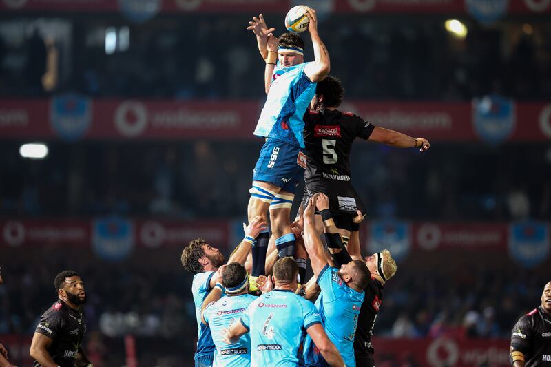 JF van Heerden wins a lineout for Bulls during their victorious URC semi-final against Sharks at Loftus Versfeld Stadium, Pretoria. Photograph: Steve Haag Sports/Inpho/Christiaan Kotze