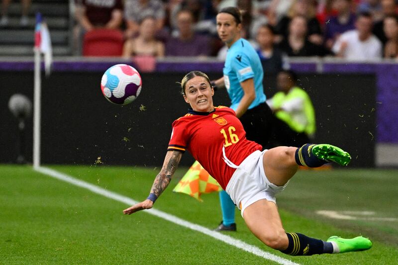 Spain's defender Maria Leon tries to keep the ball in play against Germany. Photograph: Damien Meyer/AFP via Getty Images 