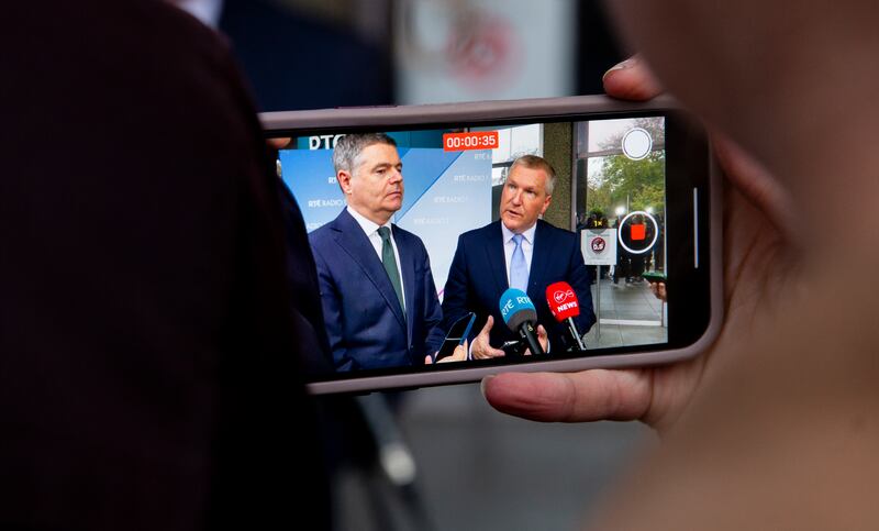 Minister for Public Expenditure Paschal Donohoe and Minister for Finance Michael McGrath at RTÉ studios in Dublin for a Budget phone-in show last year. Photograph: Gareth Chaney/Collins