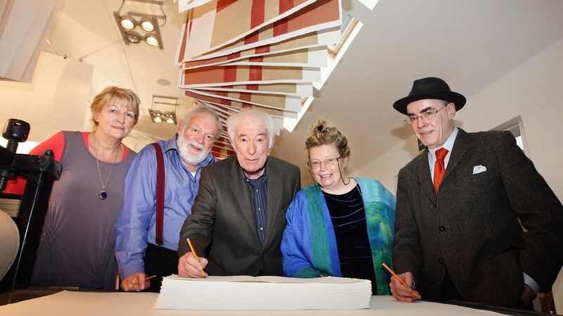 Pat Moylan, chair of the Arts Council, Michael Longley, Seamus Heaney, Nuala Ní Dhomhnaill and Ciarán Carson. Photograph: MAXWELLS