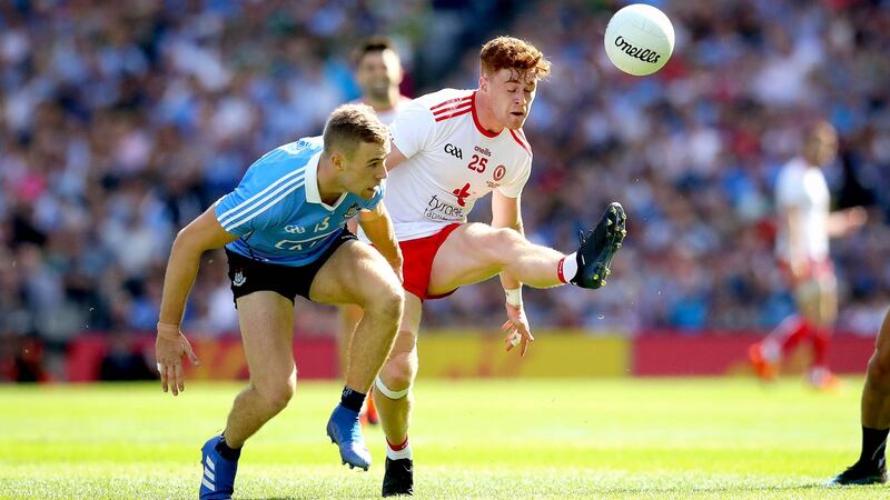Paul Mannion challenges Conor Meyler during Dublin’s win over Tyrone. Photograph: Ryan Byrne/Inpho