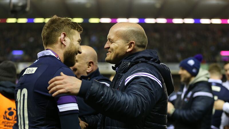 Scotland back Finn Russell and head coach Gregor Townsend celebrate after their side’s historic win over England  at Murrayfield  in Edinburgh last month. Photograph: Lynne Cameron/Getty Images