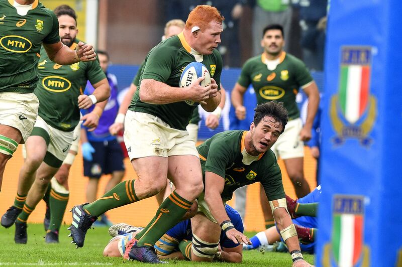 Steven Kitshoff runs in a try during South Africa's thumping win. Photograph: Luca Sighinolfi/Inpho