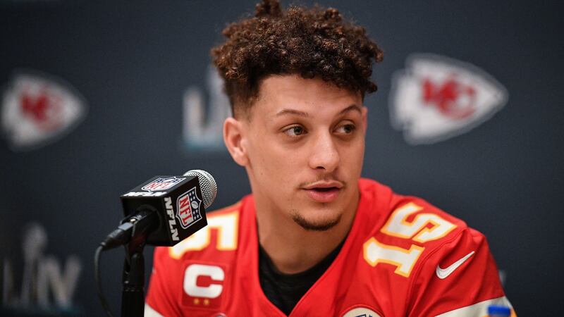Patrick Mahomes speaks to the media during the Kansas City Chiefs press conference ahead of the Super Bowl against the San Francisco 49ers in Miami. Photograph: Mark Brown/Getty Images