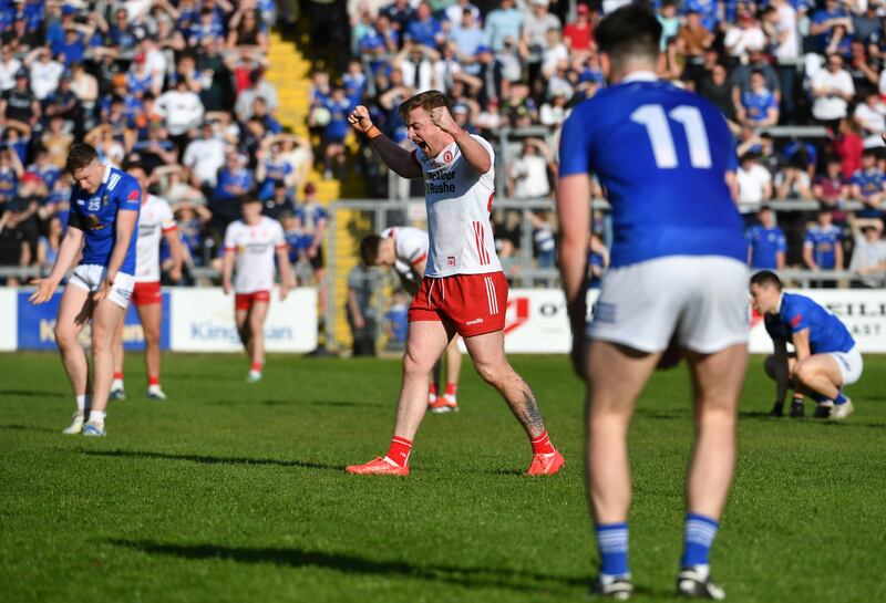 Ulster GAA SFC quarter-final at Breffni Park, Co Cavan, where Michael O'Neill of Tyrone celebrates at the final whistle. Photograph: Inpho
