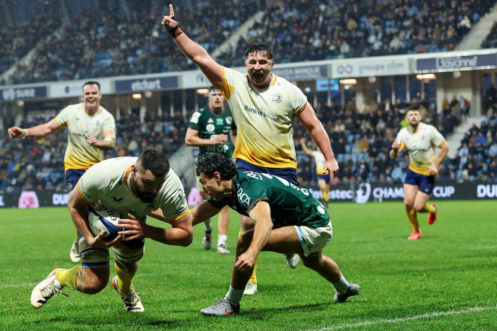 Leinster’s Thomas Clarkson celebrates as Max Deegan scores a try against Bayonne in the Champions Cup. Photograph: Ryan Byrne/Inpho