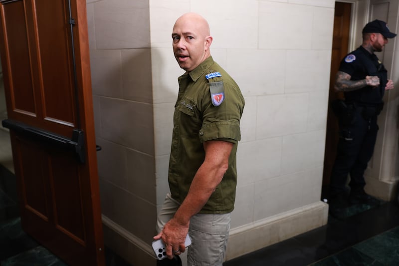 Brian Mast wears an Israeli Defense Force uniform as he arrives at a US House Republican caucus meeting in October 2023 in Washington, DC. Photograph: Joe Raedle/Getty