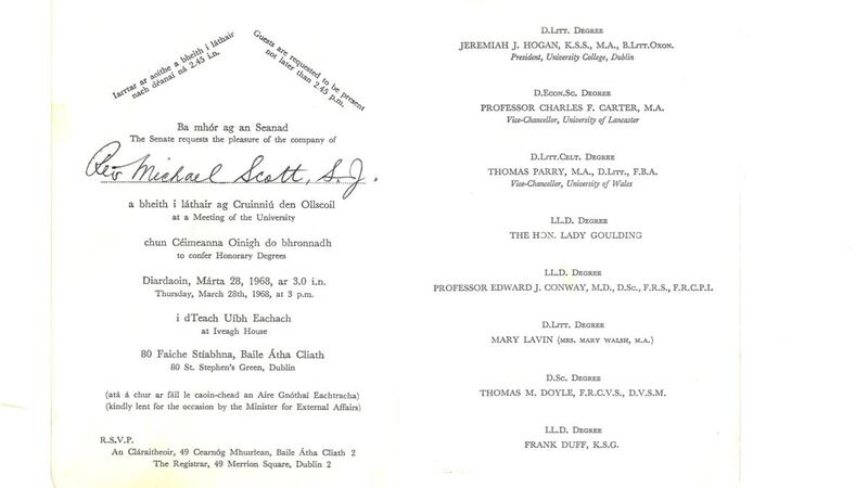 An invitation to Michael Scott, Mary Lavin’s  second husband, to  the award by the National University of Ireland of an honorary doctorate to the author in 1968