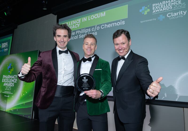 Anthony O’Neill, managing director at Clarity Locums; Jamie Phillips, managing director at Chemois Medical Solutions Ltd. and Anton Savage, MC of the awards. Photograph: Paul Sherwood
