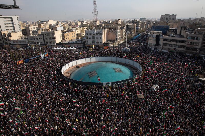 Crowds celebrate the announcement of Mojtaba Khamenei as his father’s successor as supreme leader at Enghelab Square in Tehran on Monday. Photograph: Arash Khamooshi/The New York Times
                      