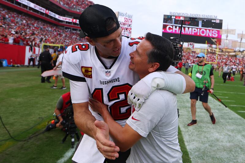 Tom Brady with Alex Guerrero of TB12 Sports. Photograph: Mike Ehrmann/Getty