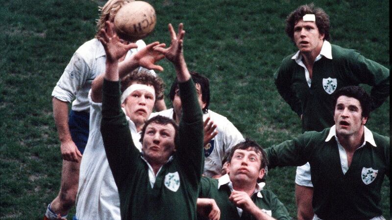 Willie Duggan wins a lineout for Ireland against France in 1981  as Moss Keane, John O’Driscoll and Fergus Slattery look on. Photograph: Billy Stickland/Inpho