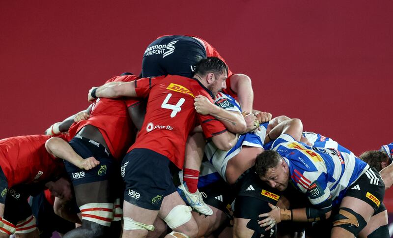 The Munster pack feel the force of the Stormers' scrummaging during the game at Thomond Park. Photograph: Dan Sheridan/Inpho