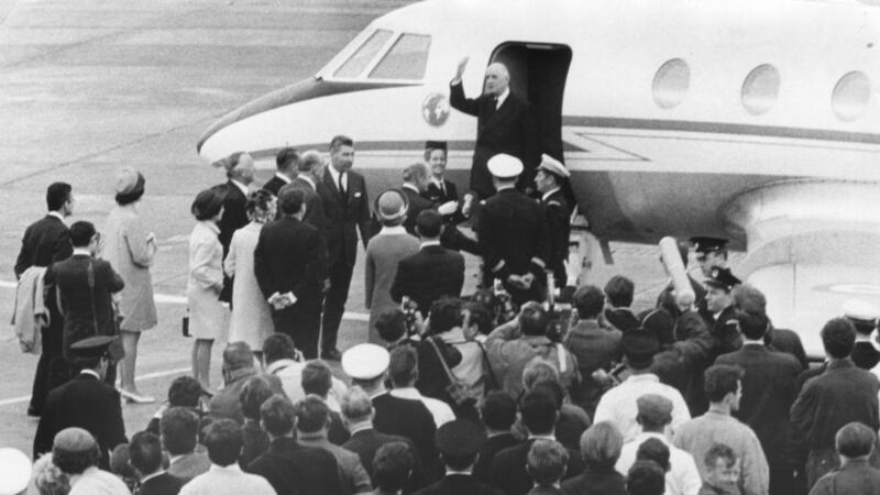 Charles de Gaulle waves goodbye from the steps of his plane before leaving Dublin Airport for France. At the foot of the steps are the then taoiseach Jack Lynch and his wife, Mairin. Photograph: Dermot Barry
