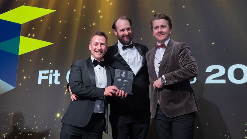 Stephen Pierce, edit office acoustics - exclusive irish distributor for Texfel, presents the fit out project of the year - small office (over €500k) award to Tim Flannery,  T&I Fitouts and Paul Finnegan, Mola Architecture