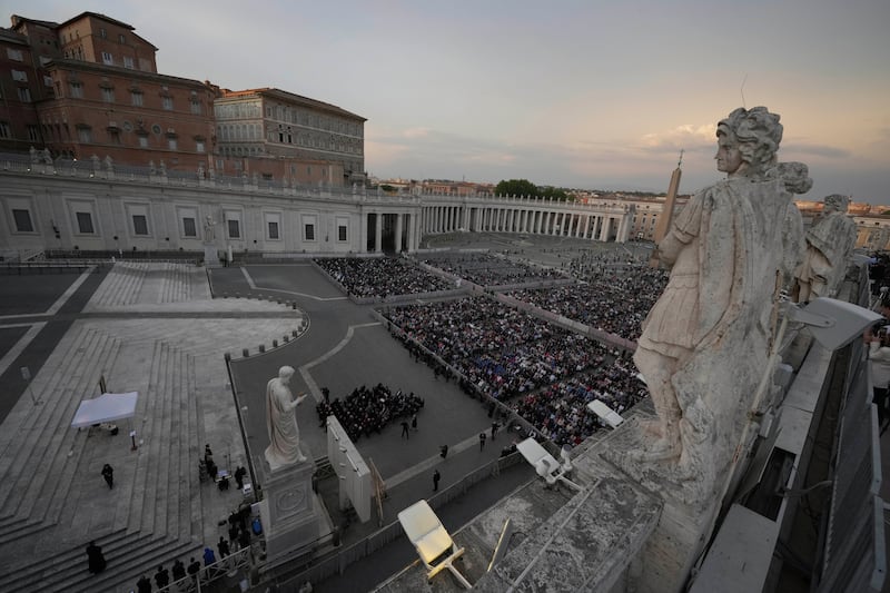 Faithful gather for a rosary prayer for the late Pope Francis, in St. Peter’s Square.
Photograph: Andrew Medichini/AP