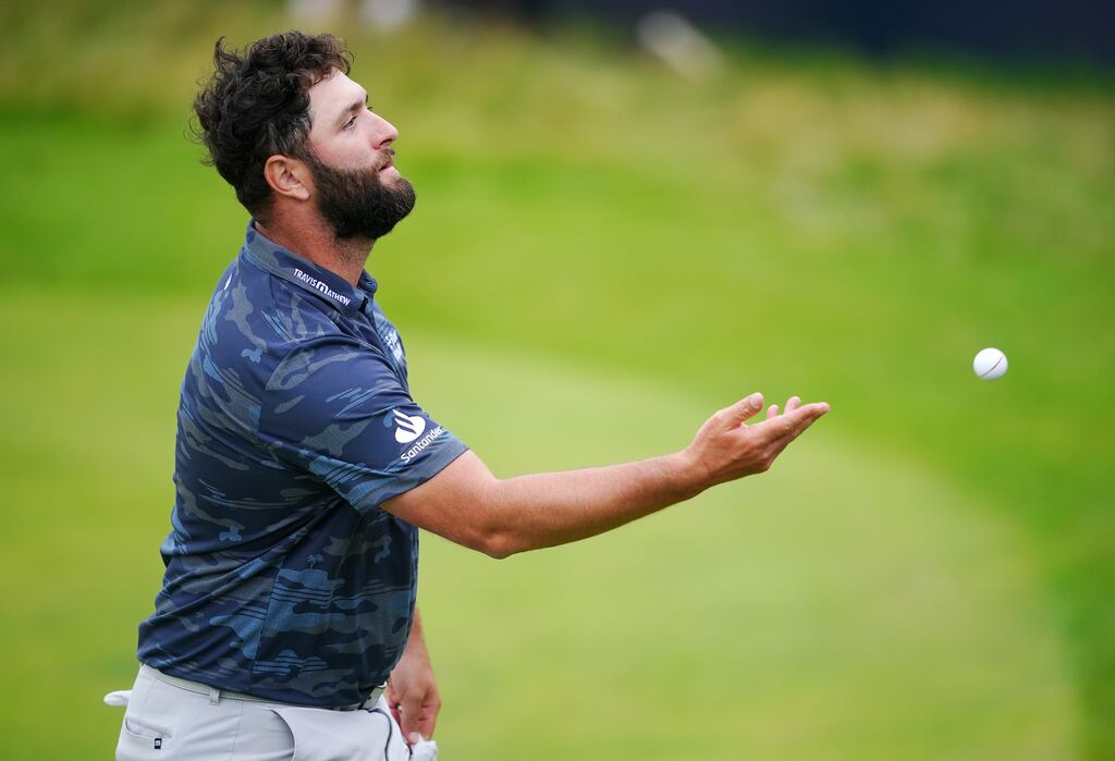 Spain's Jon Rahm celebrates a birdie on the 18th during day three of The Open at Royal Liverpool. Photograph: Peter Byrne/PA Wire