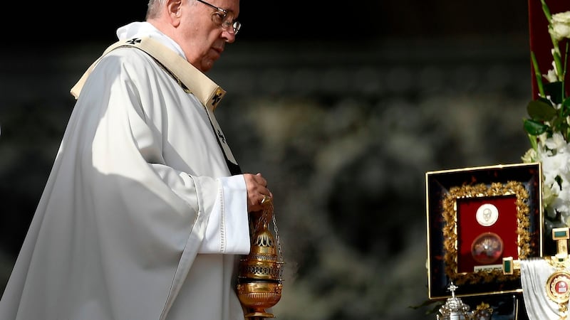Pope Francis presides over a canonisation ceremony in St Peter’s Square at the Vatican for Pope Paul VI and the martyred Salvadoran Archbishop Oscar Romero. Photograph: Getty