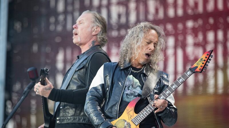 James Hetfield and Kirk Hammett of Metallica during their sold out concert at Slane Castle, Co Meath, on Saturday. Phorograph: Arthur Carron