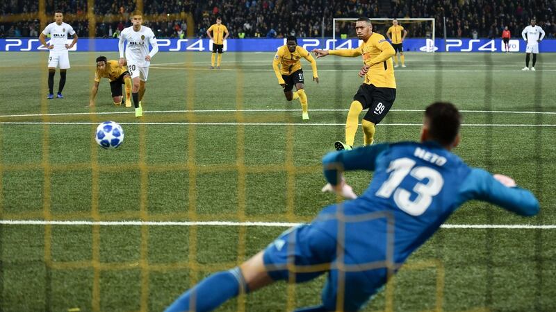 Young Boys’ Guillaume Hoarau scores from the penalty spot against Valencia, the club’s first Champions League goal. Photograph:  Fabrice Coffrini/AFP/Getty Images