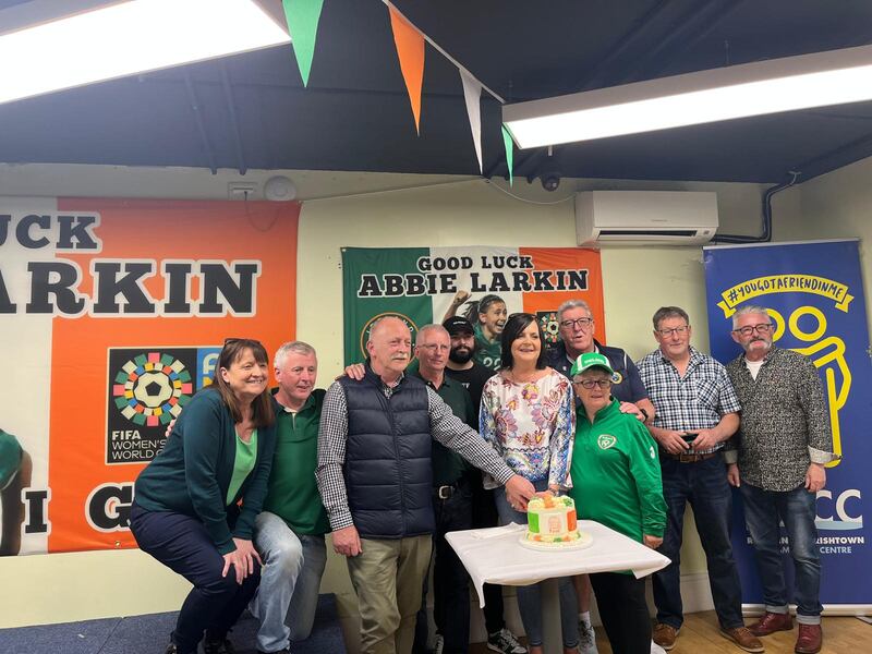 Members of the community and musicians Shay Connolly (third from left), Paul Brennock (second from right) and Paddy McGuinness (right) launch the song in Ringsend