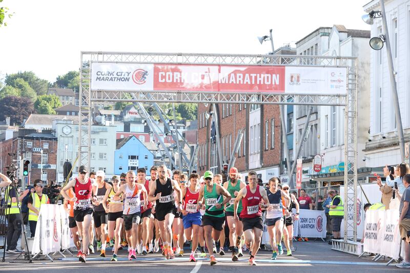 Competitors at the start line of the inaugural 10k of the 2023 Cork City Marathon. Photograph: Darragh Kane