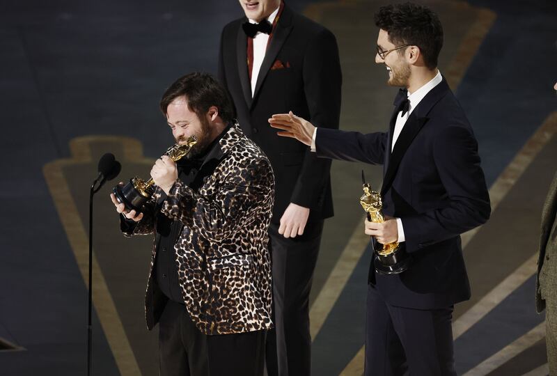 James Martin, star of An Irish Goodbye, with Ross White and Tom Berkeley, who won the Oscar for best live action short film. Photograph: Etienne Laurent/EPA