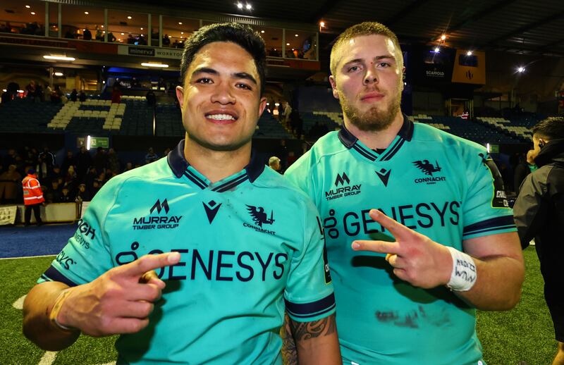 Connacht’s Josh Ioane and Sean Jansen celebrate beating Cardiff at Cardiff Arms Park in January. Photograph: Billy Stickland/Inpho