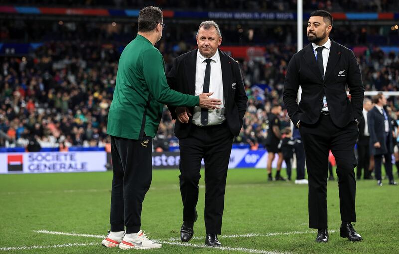 South Africa director of rugby Rassie Erasmus with New Zealand head coach Ian Foster after the game. Photograph: Dan Sheridan/Inpho 