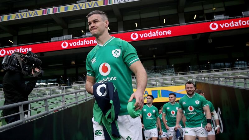Johnny Sexton leads the Ireland side out for the captain’s run at the Aviva stadium on Friday ahead of the Six Nations opener against Scotland. Photograph:    Dan Sheridan/Inpho
