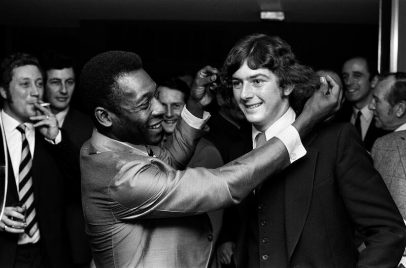 Brazilian footballer Pele with Trevor Francis during a visit to Birmingham in February 1972. Photograph: Birmingham Post and Mail Archive/Getty Images